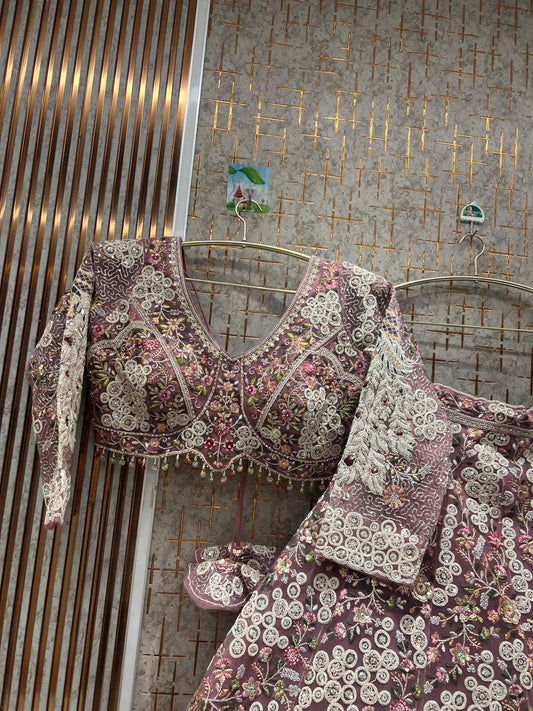 Embellished light pink crop top Lehenga peacock