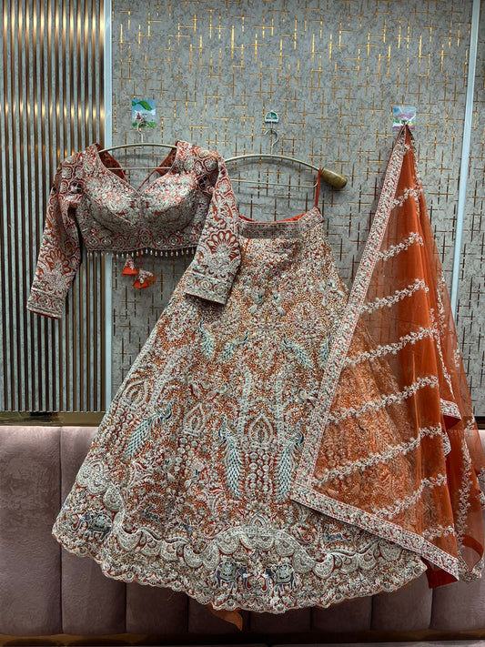 Fabulous orange crop top Lehenga peacock