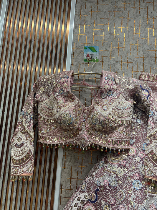 Designer pink peacock crop top Lehenga