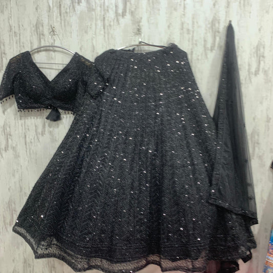 Lavishing black on black monotone crop top Lehenga