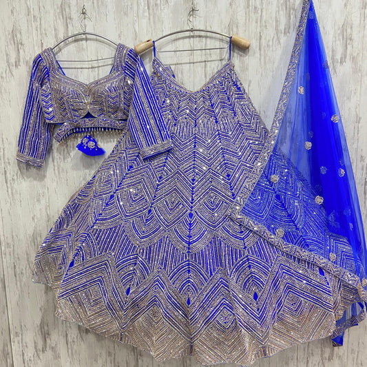 Royal blue crop top Lehenga with Silver Work