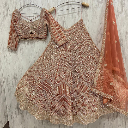 Awesome Orange peach crop top Lehenga with Silver Work