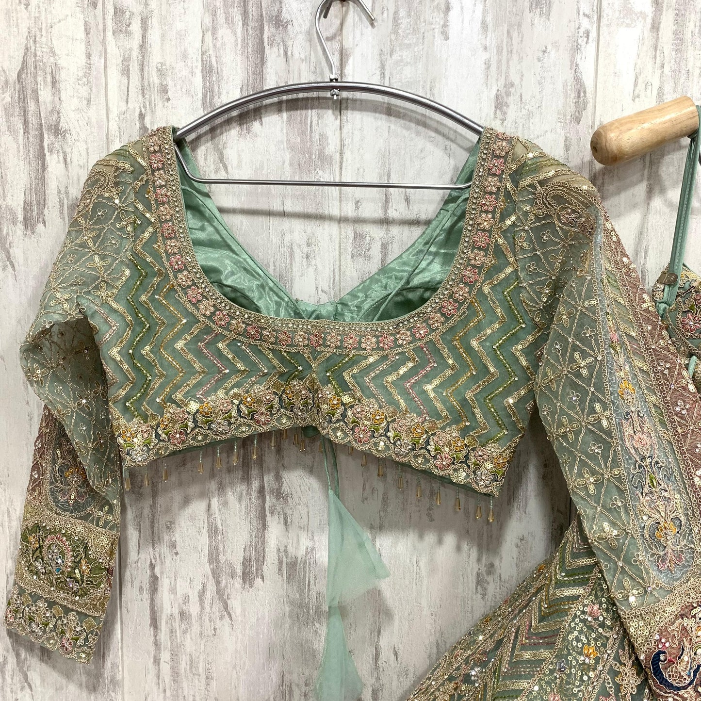 Embellished pista Green peacock crop top Lehenga