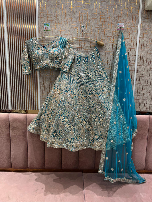 Delightful Sky blue Silver work floral crop top Lehenga