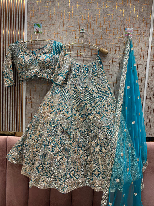 Delightful Sky blue Silver work floral crop top Lehenga