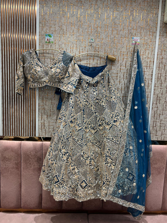 Elegant light Royal blue Silver work floral crop top Lehenga