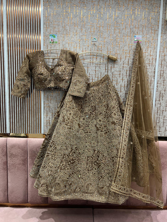 Embellished mustard golden circles crop top Lehenga