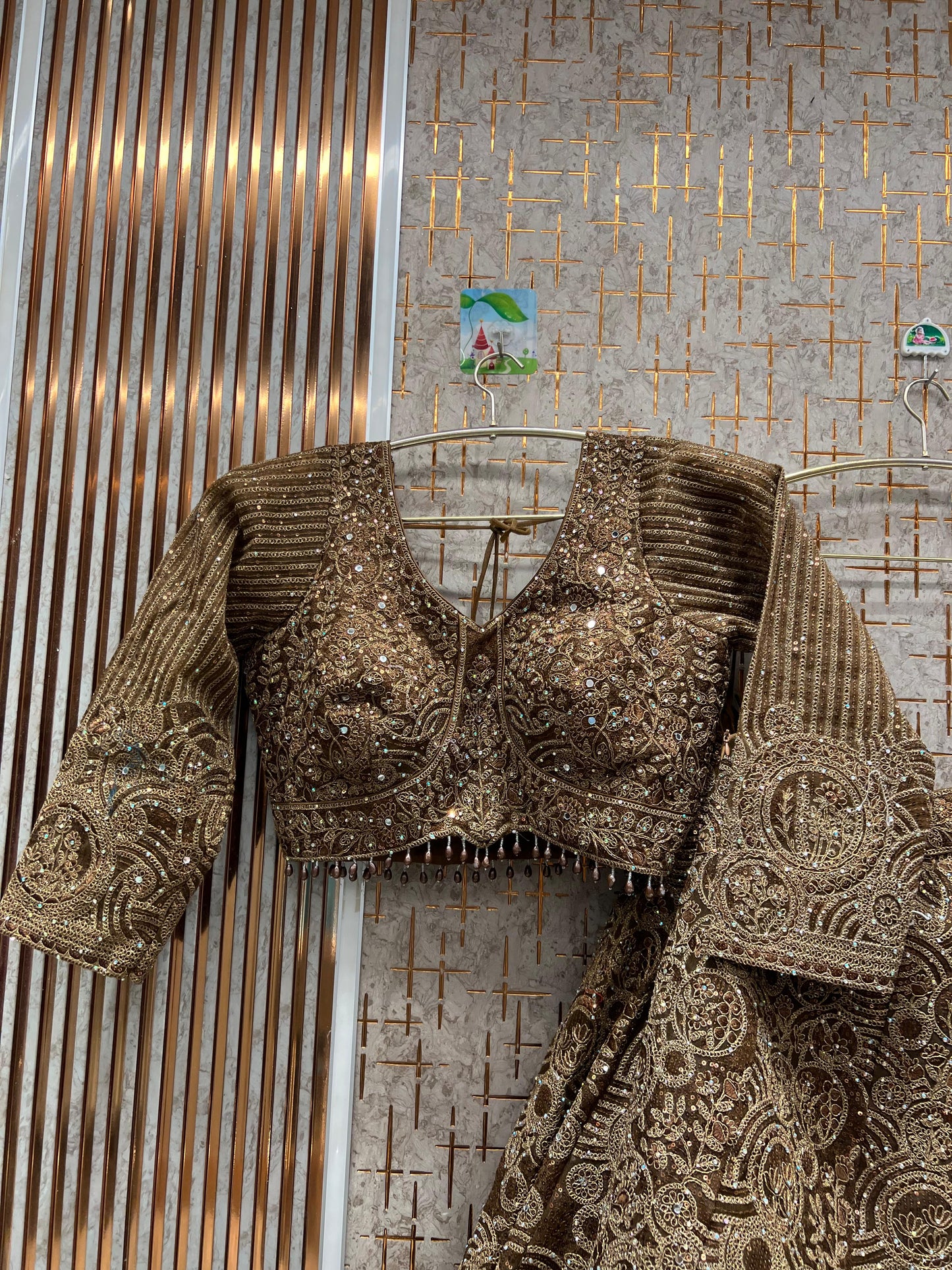 Embellished mustard golden circles crop top Lehenga