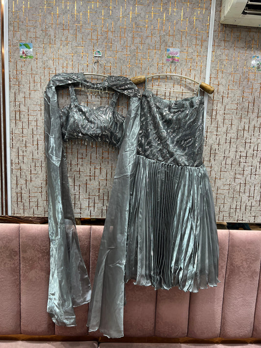 Embellished grey black green crop top Lehenga