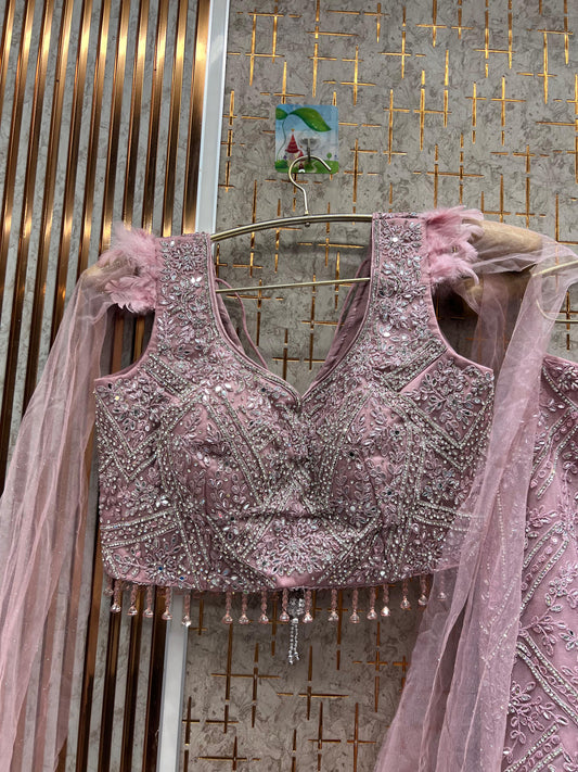 Majestic pin0k fish cut crop top Lehenga