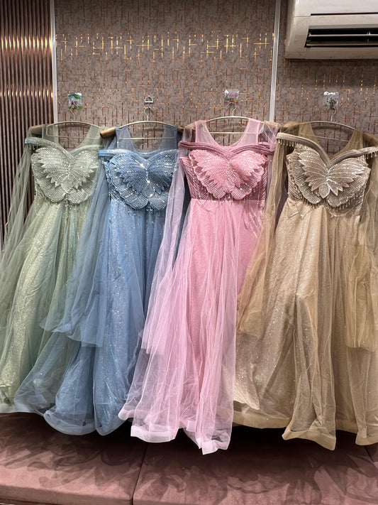 Astonishing green blue pink golden beige gown