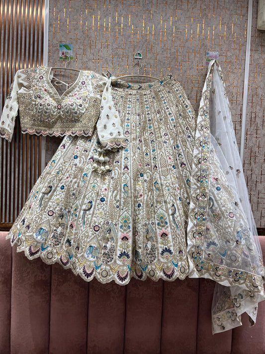 Designer White peacock crop top Lehenga