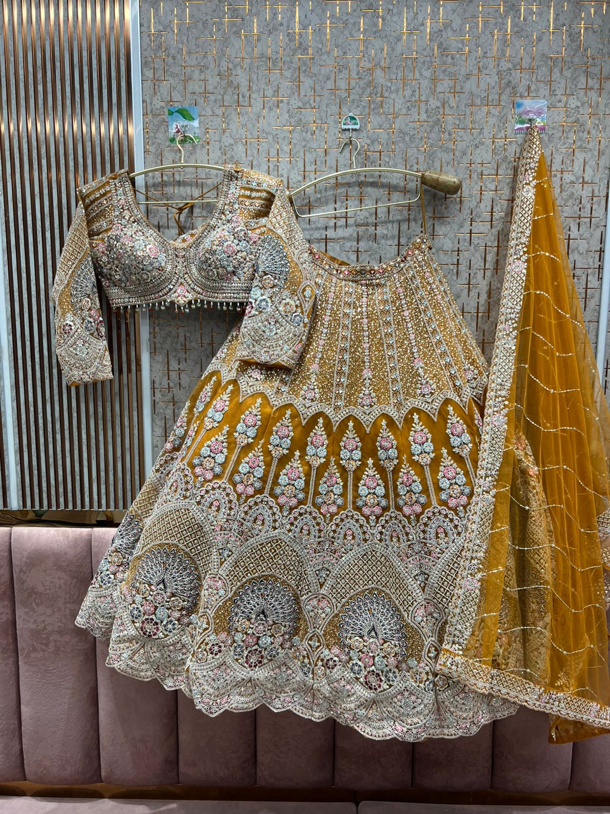 Lavishing peach peacock crop top Lehenga