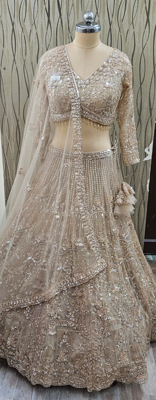 Glamorous golden beige crop top Lehenga