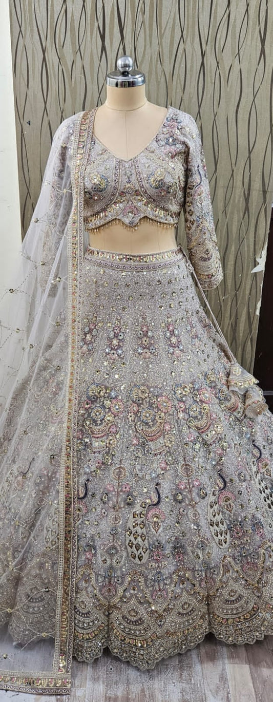 Engaging peacock grey crop top Lehenga
