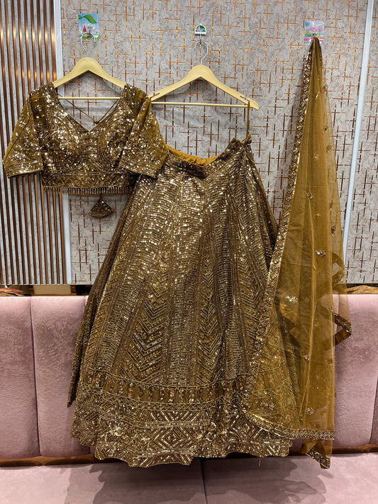 Pretty golden on golden monotone crop top Lehenga