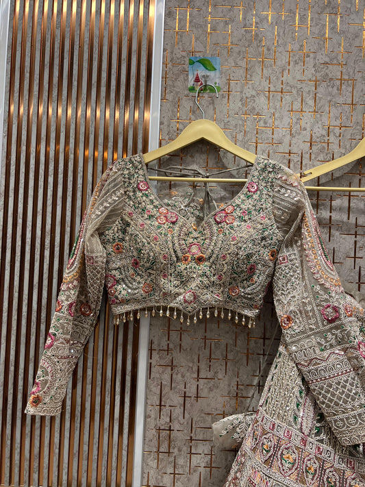 Stunning beige chiku crop top Lehenga