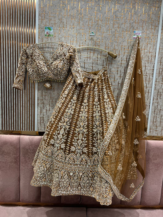 Astonishing brown mustard crop top Lehenga