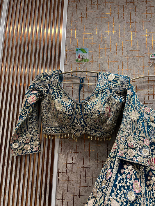 Good looking Sky blue floral crop top Lehenga