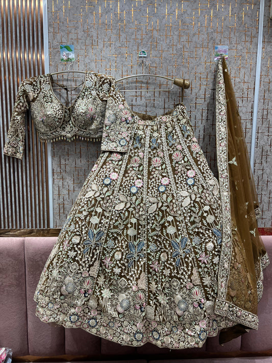 Eye catching mustard golden floral crop top Lehenga