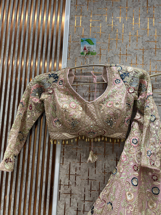 Embellished pink floral crop top Lehenga