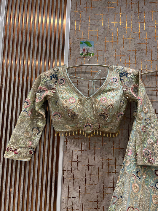 Delightful Sky blue floral crop top Lehenga