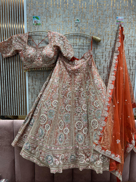 Attractive orange circle crop top Lehenga