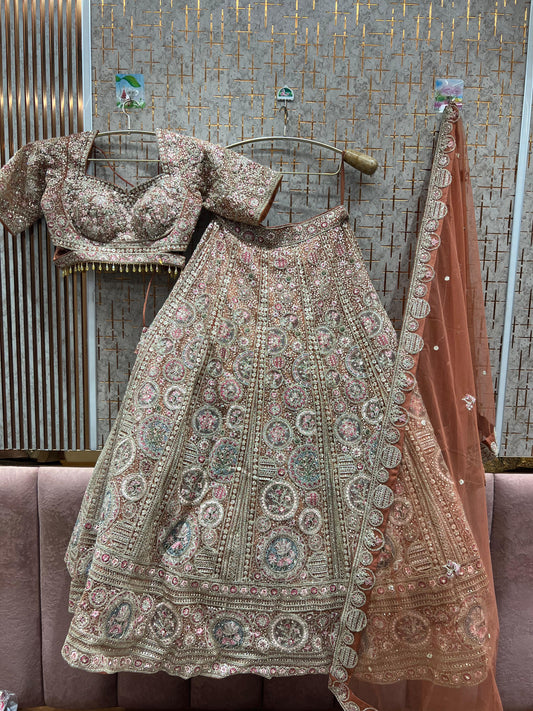 Glamorous rust orange peach circle crop top Lehenga