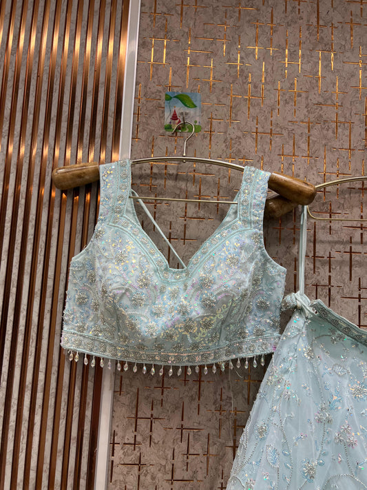 Khoobsurat Sky blue crop top Lehenga