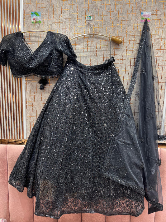 Designer black on black monotone crop top Lehenga