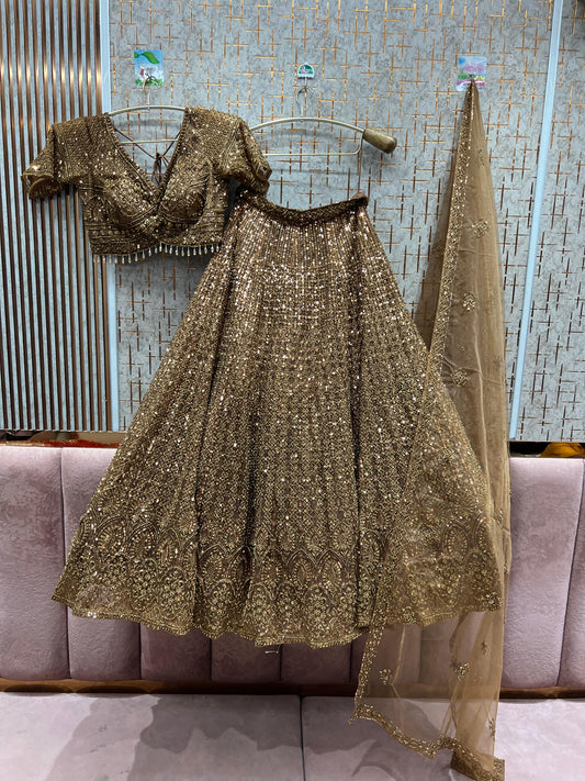 Embellished golden on golden monotone crop top Lehenga