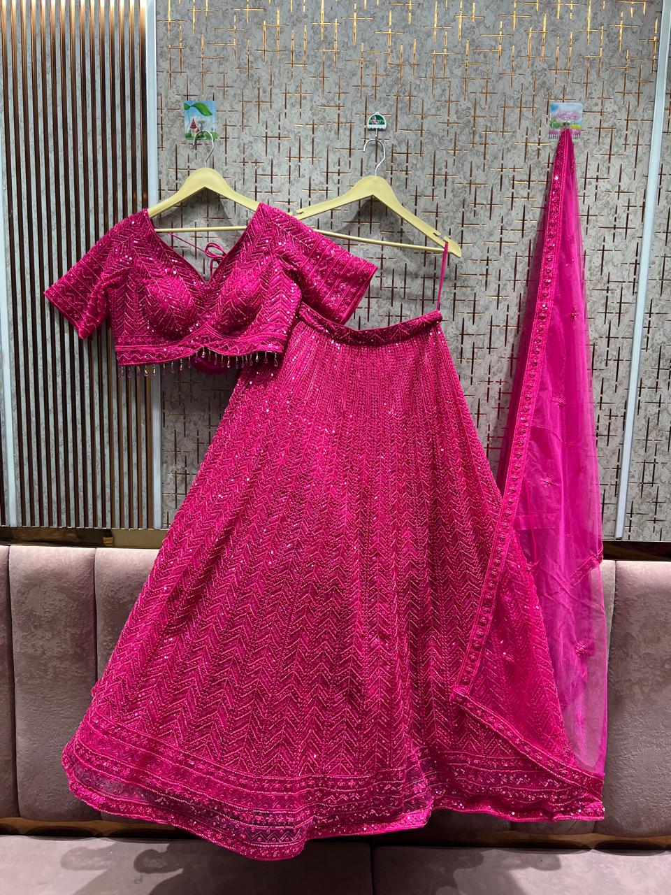 Attractive Hot pink on pink monotone crop top Lehenga
