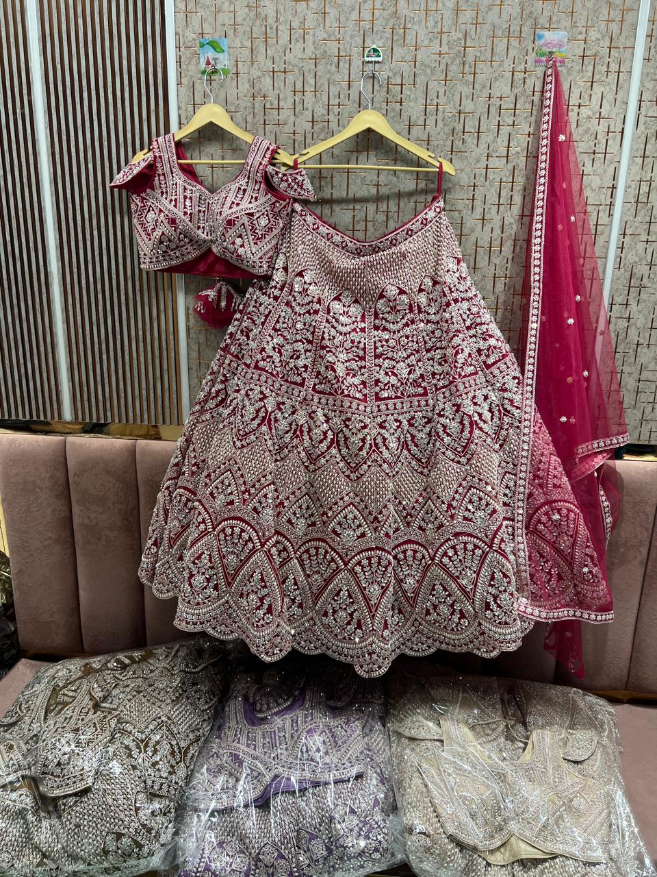 Awesome Dark pink purple mehendi green beige crop top Lehenga