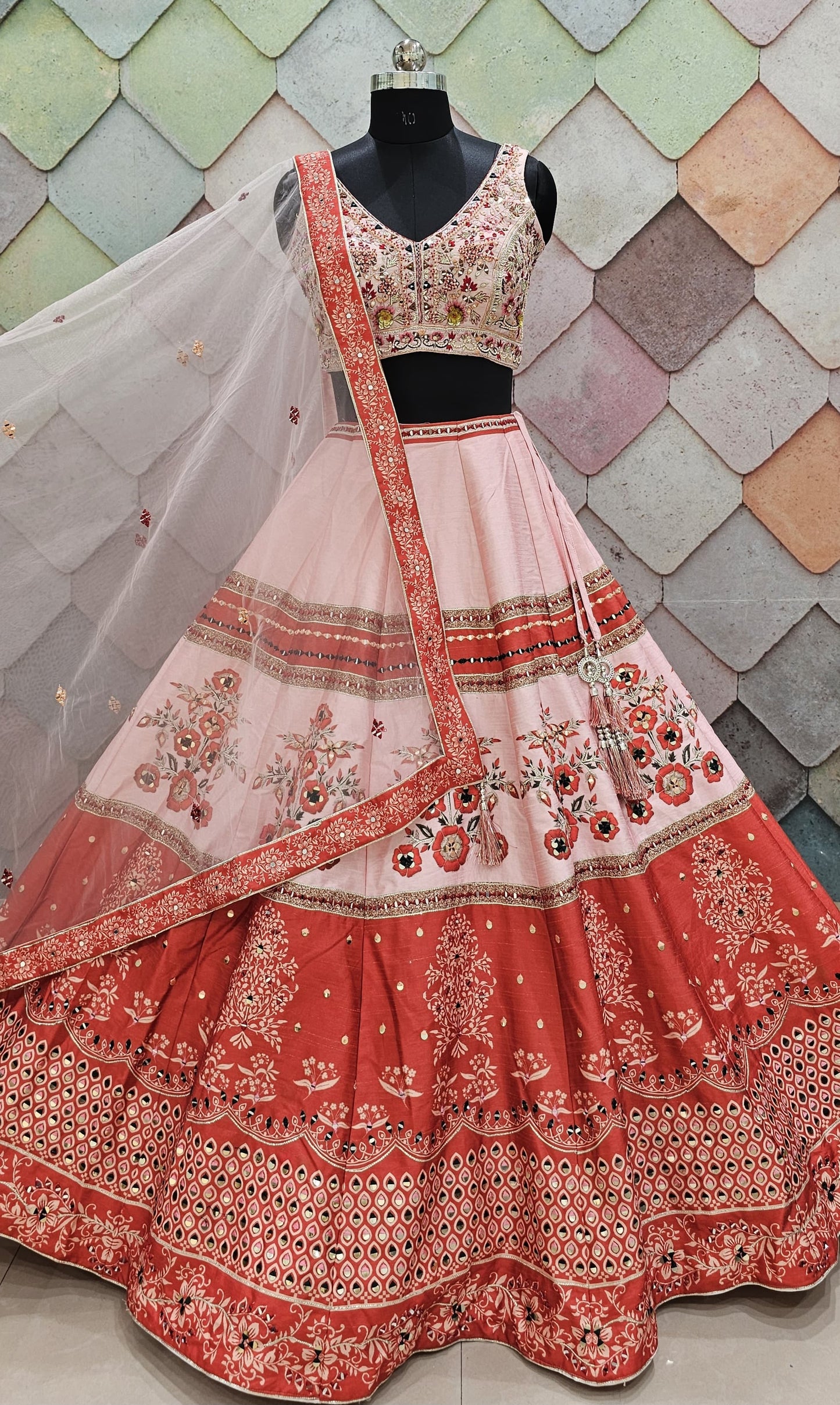 Astonishing red pink aumbrey digital print crop top Lehenga