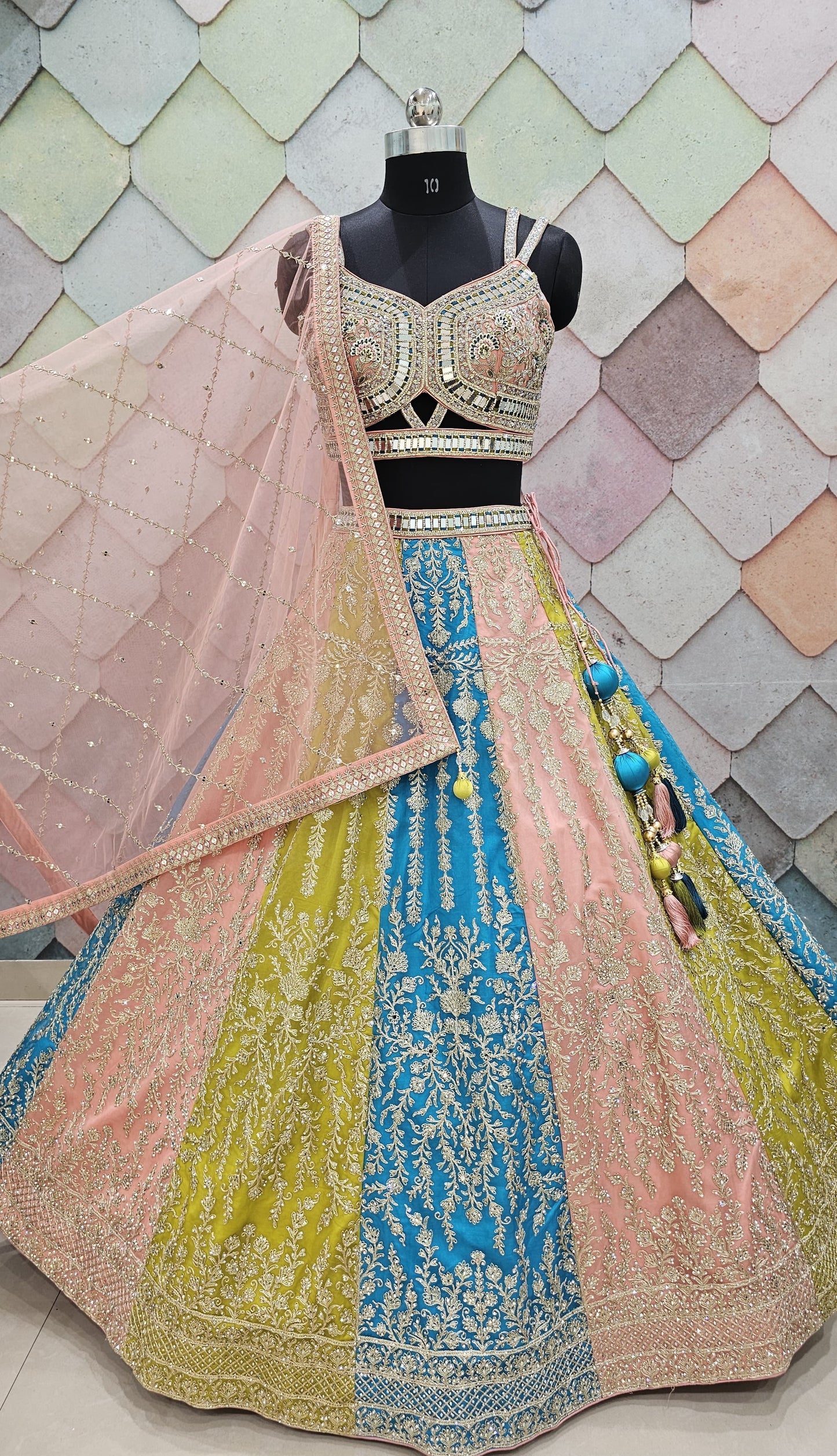 Gorgeous pink yellow green Sky blue multicolor crop top Lehenga