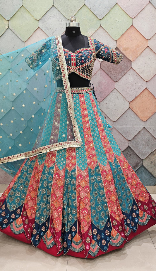 Amazing Sky blue peach brocade Banarasi multicolor crop top Lehenga