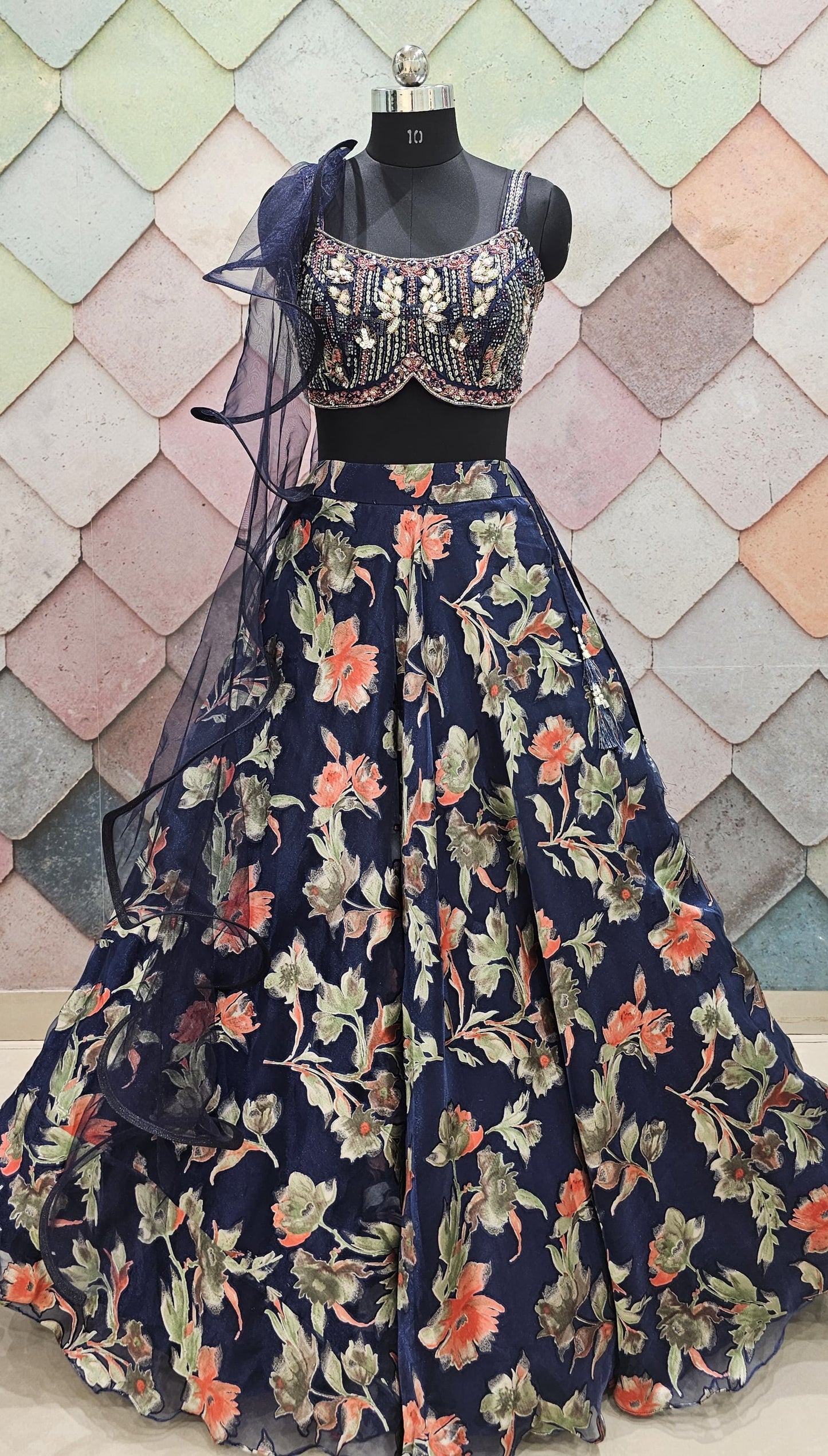 Elegant Navy blue organza Lehenga crop top