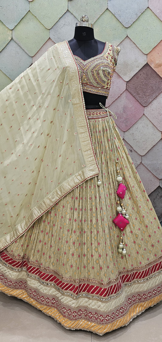 Banarasi golden pista green crop top Lehenga