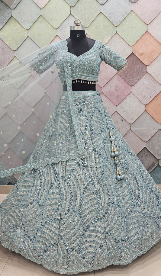 Charming Sky blue sea green full jaal on net crop top Lehenga