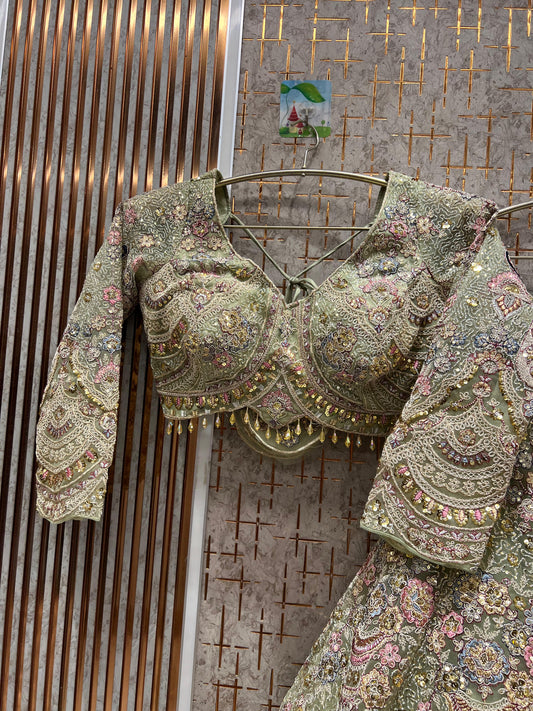 Delightful pista green peacock crop top Lehenga