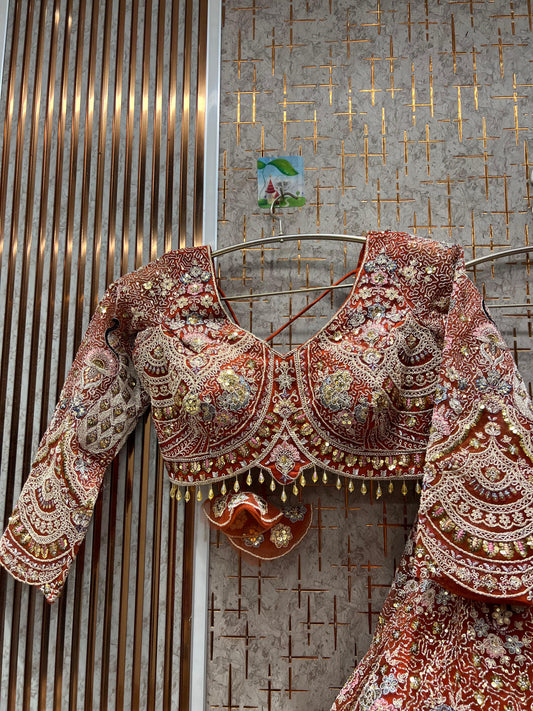 Embellished orange peacock crop top Lehenga