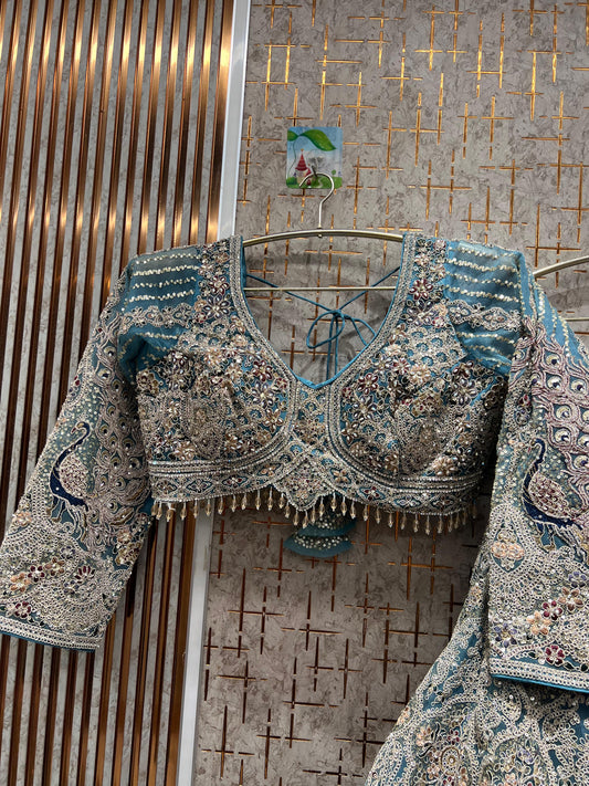 Fantastic Sky blue peacock crop top Lehenga