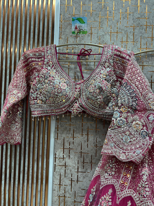 Engaging pink peacock crop top Lehenga