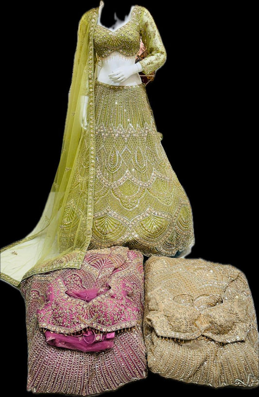 Designer parrot green pink golden yellow crop top Lehenga