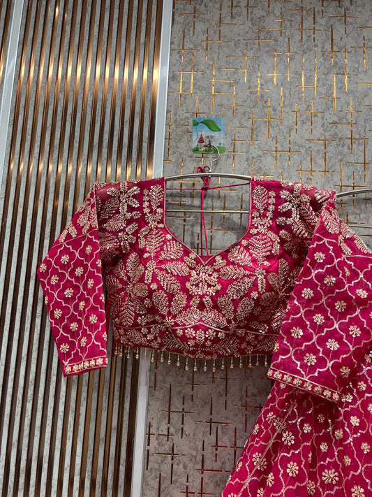 Attractive hot pink Floral Crop top Lehenga