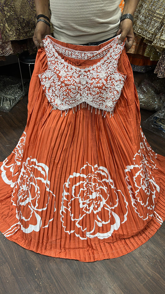 Pleasing orange flower print Crop top Lehenga