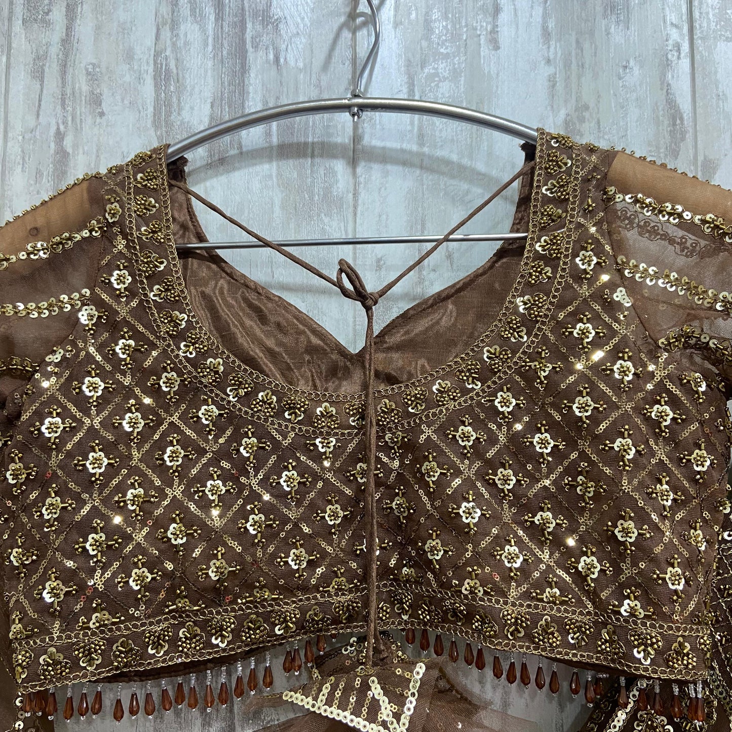 Khoobsurat Dark Golden Brown Crop top Lehenga