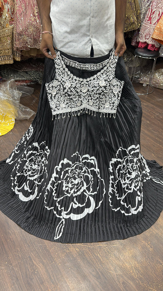 Designer black flower print Crop top Lehenga