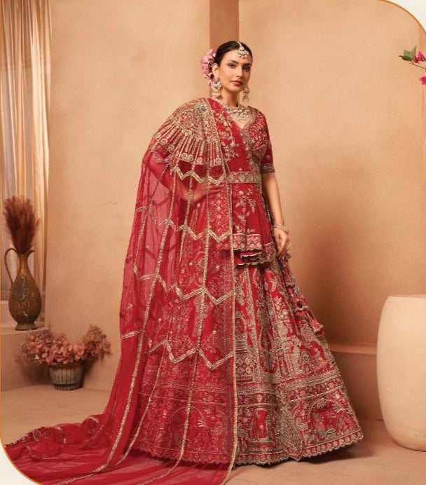 Pleasing red Doli barat Double Dupatta Jarkan Silk Bridal Lehenga