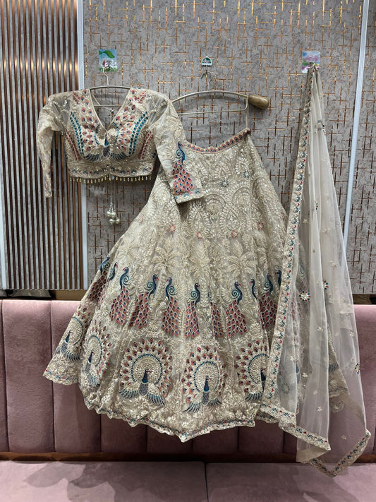 Fantastic Peacock White Crop top Lehenga